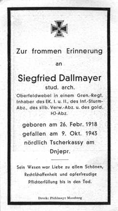 Moosburg Sterbebildchen Siegfried Dallmayer, 1943