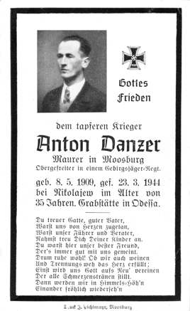 Moosburg Sterbebildchen Anton Danzer, 1944
