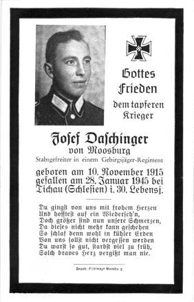 Moosburg Sterbebildchen Josef Daschinger, 1945