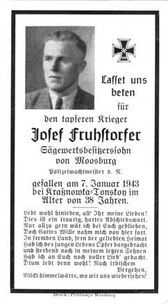 Moosburg Sterbebildchen Josef Fruhstorfer, 1943