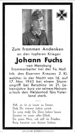 Moosburg Sterbebildchen Johann Fuchs, 1943