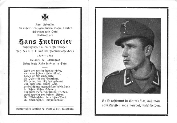 Moosburg Sterbebildchen Hans Furtmeier, 1942