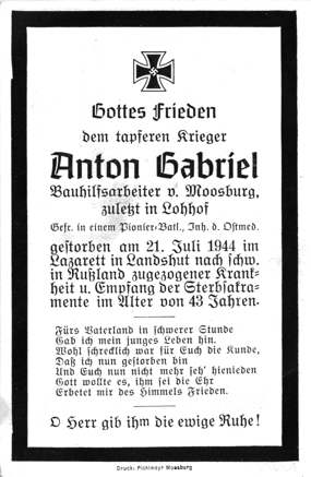 Moosburg Sterbebildchen Anton Gabriel. 1944