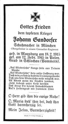 Moosburg Sterbebildchen Johann Gandorfer, 1945