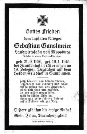 Moosburg Sterbebildchen Sebastian Ganslmeier, 1945