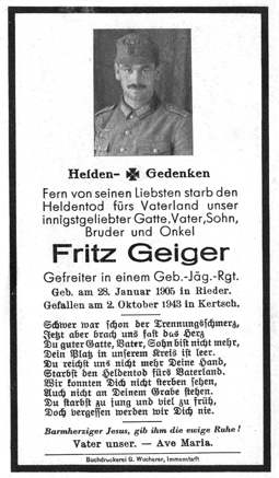 Moosburg Sterbebildchen Fritz Geiger, 1943