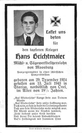 Moosburg Sterbebildchen Hans Grichtmaier, 1943