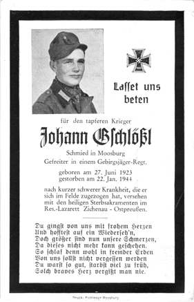 Moosburg Sterbebildchen Johann Gschl��l, 1944