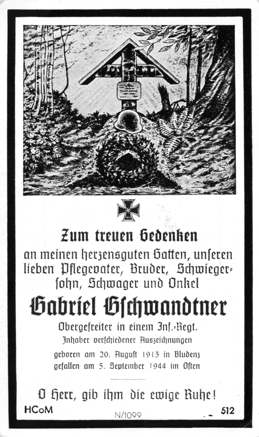 Moosburg Sterbebildchen Gabriel Gschwandtner, 1944
