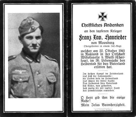 Moosburg Sterbebildchen Franz Xaver Hanrieder, 1941