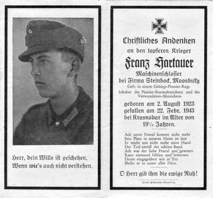 Moosburg Sterbebildchen Franz Hartauer, 1943