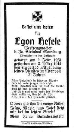 Moosburg Sterbebildchen Egon Hefele, 1944