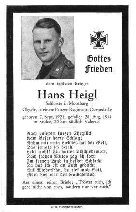 Moosburg Sterbebildchen Hans Heigl, 1944