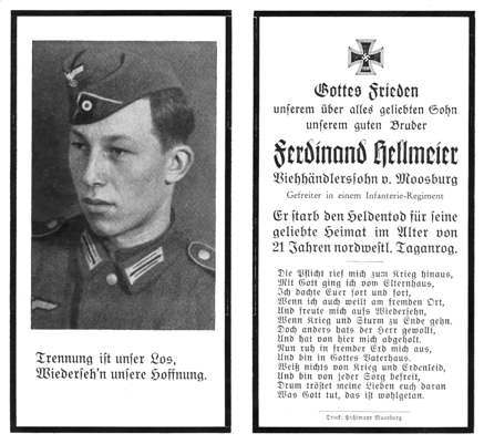 Moosburg Sterbebildchen Ferdinand Hellmeier, 21 Jahre