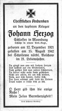 Moosburg Sterbebildchen Johann Herzog, 1942