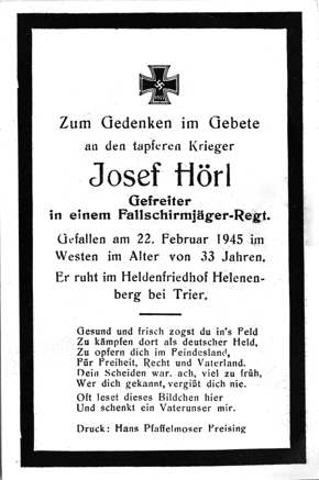 Moosburg Sterbebildchen Josef H�rl, 1945