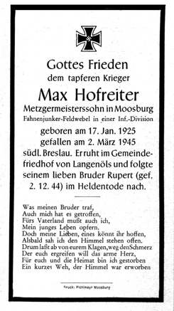 Moosburg Sterbebildchen Max Hofreiter, 1945
