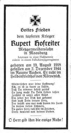 Moosburg Sterbebildchen Rupert Hofreiter, 1944