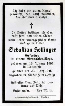 Moosburg Sterbebildchen Sebastian Hollinger, 1945