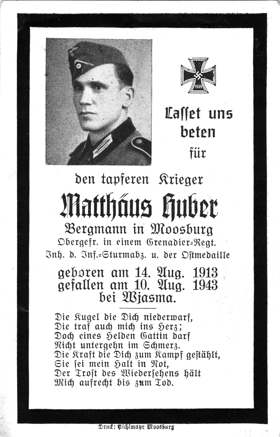 Moosburg Sterbebildchen Matth�us Huber, 1943