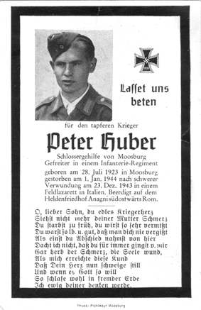 Moosburg Sterbebildchen Peter Huber, 1944
