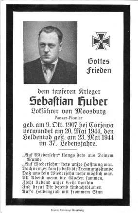 Moosburg Sterbebildchen Sebastian Huber, 1944
