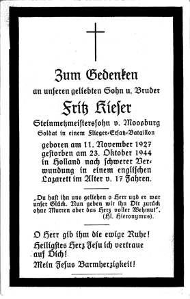 Moosburg Sterbebildchen Fritz Kieser, 1944