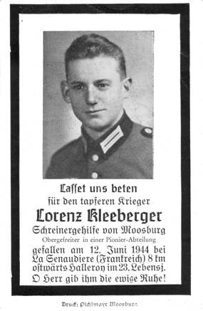 Moosburg Sterbebildchen Lorenz Kleeberger, 1944