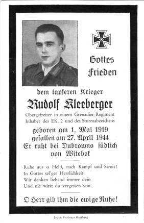 Moosburg Sterbebildchen Rudolf Kleeberger, 1944