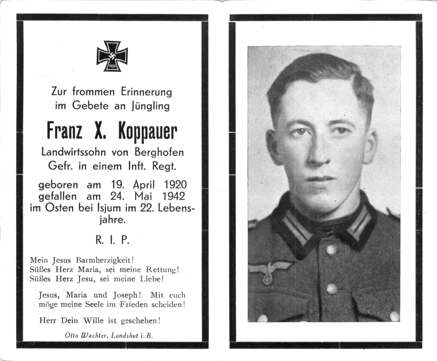 Moosburg Sterbebildchen Franz X. Koppauer, 1942