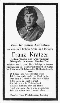 Moosburg Sterbebildchen Franz Kratzer, 1943