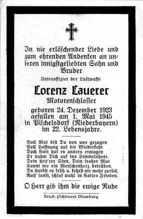 Moosburg Sterbebildchen Lorenz Lauerer, 1945
