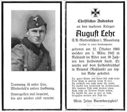 Moosburg Sterbebildchen August Lehr, 1942
