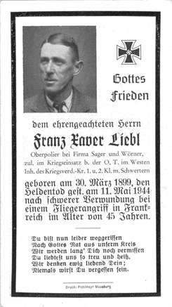 Moosburg Sterbebildchen Franz Xaver Liebl, 1944