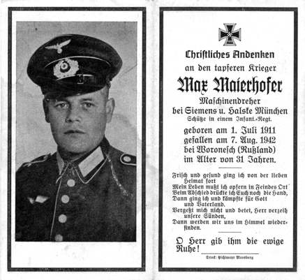 Moosburg Sterbebildchen Max Maierhofer, 1942