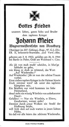 Moosburg Sterbebildchen Johann Meier, 1944
