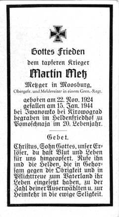Moosburg Sterbebildchen Martin Metz, 1944