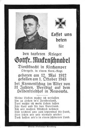 Moosburg Sterbebildchen Gottfried Muckenschnabel, 1943