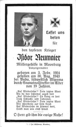 Moosburg Sterbebildchen Isidor Neumaier, 1943