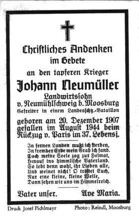 Moosburg Sterbebildchen Johann Neum�ller, 1944