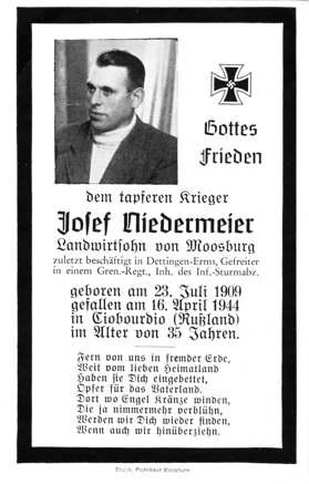 Moosburg Sterbebildchen Josef Niedermeier, 1944