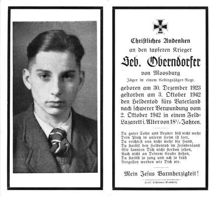 Moosburg Sterbebildchen Sebastian Oberndorfer, 1942