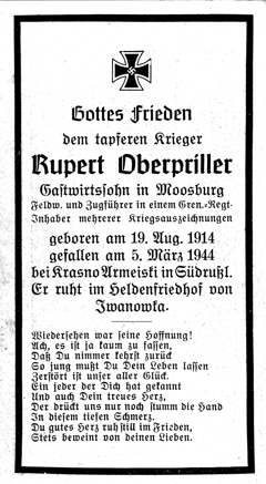 Moosburg Sterbebildchen Rupert Oberpriller, 1944