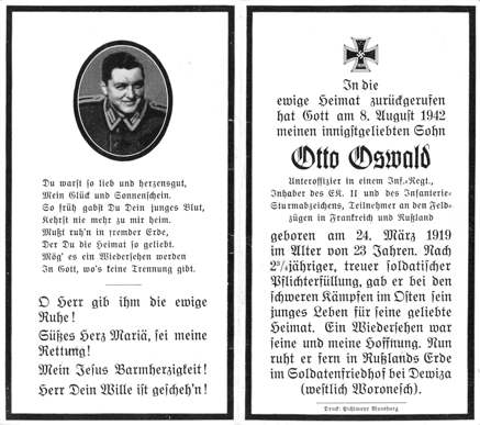 Moosburg Sterbebildchen Otto Oswald, 1942