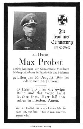 Moosburg Sterbebildchen Max Probst, 1944
