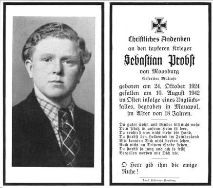 Moosburg Sterbebildchen Sebastian Probst, 1942