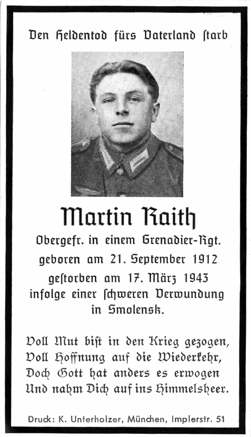 Moosburg Sterbebildchen Martin Raith, 1943
