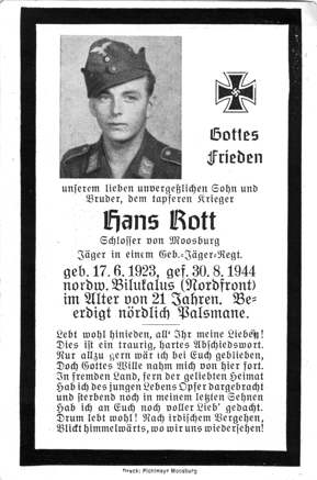 Moosburg Sterbebildchen Hans Rott, 1944