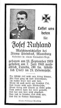 Moosburg Sterbebildchen Josef Ruhland, 1943