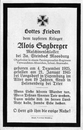 Moosburg Sterbebildchen Alois Sagberger, 1945